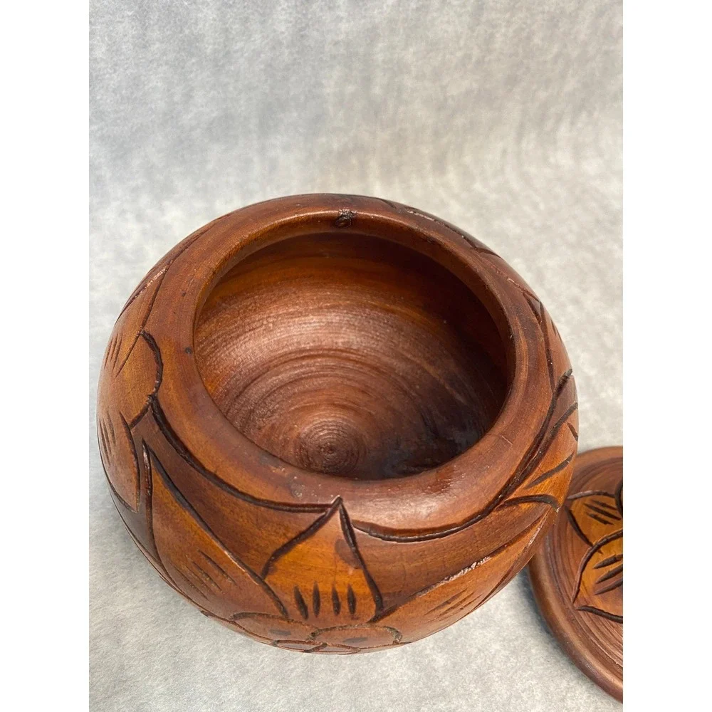 Round Hand Carved Wood Container With Lid‎ Floral Design Decorative Trinket Box